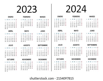 Spanish calendar 2023 2024 years. Week starts on Monday. Vector illustration