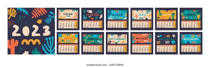 Spanish calendar for 2023. Week starts on Monday, 12 months. Cute multicolor vector calendar with flora drawings.