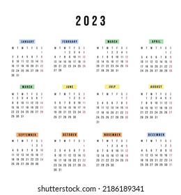 Spanish calendar 2023 year. Vector stationery calendar week starts Monday. Yearly organizer. Simple calendar template in minimal design. Business illustration.