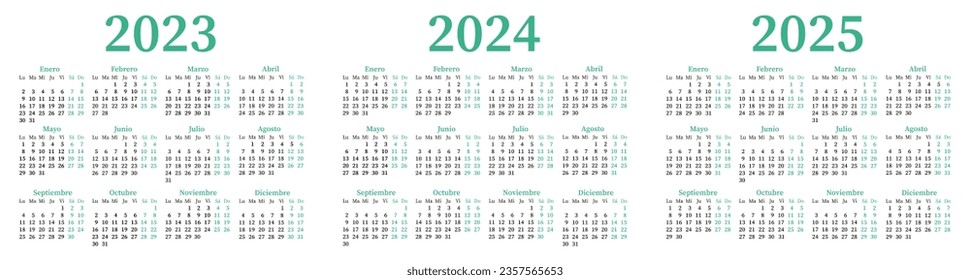 Spanish calendar for 2023,2024,2025. Week starts on Monday