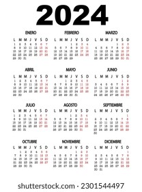 Spanish calendar for 2024. Translation: Calendar for 2024 in Spanish. The week starts on Monday. vertical editable vector template. A4, A3. Spanish calendar for 2024.