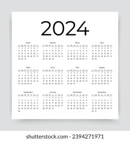 Spanish Calendar 2024 year. Spain calender template. Week starts Monday. Desk organizer with 12 month. Yearly grid on white background. Scheduler layout. Vector illustration. Simple design.