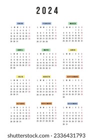 Spanish calendar 2024 year. Vector stationery calendar week starts Monday. Yearly organizer. Simple modern calendar template in minimalist design. Business illustration.