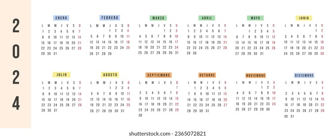 Spanish calendar 2024 year. Vector stationery horizontal calendar week starts Monday. Yearly organizer. Simple calendar template in minimalist design. Business illustration.