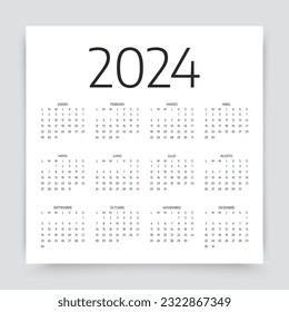 Spanish Calendar 2024 year. Week starts Monday. Spain calender template. Desk organizer with 12 month. Yearly grid on white background. Scheduler layout. Vector illustration. Simple design.