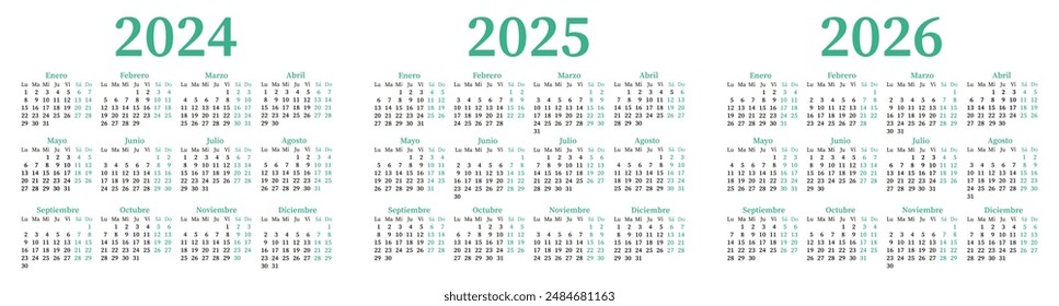 Spanish calendar for 2024,2025,2026. Week starts on Monday	