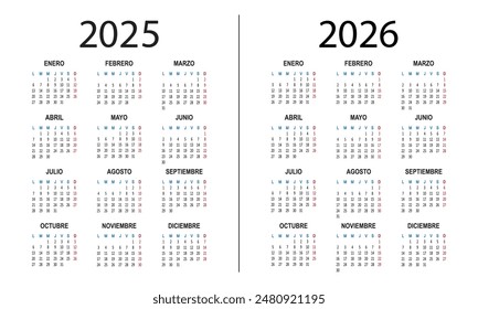 Spanish calendar 2025 2026 years. Week starts on Monday. Simple vector illustration