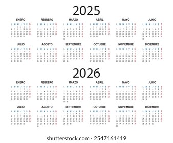 Spanish calendar 2025 2026 years. Week starts on Monday. Simple business daily banner. Vector illustration