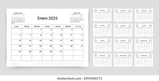 Calendario español para 2025. Plantilla de calendario. La semana empieza el lunes. Diseño del planificador con 12 meses. Organizador de mesa anual. Cuadrícula de programación de escritorio. Diario mensual Horizontal con páginas. Ilustración vectorial