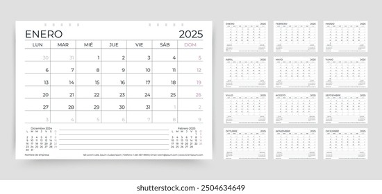 Spanish calendar for 2025. Calender template. Planner layout with 12 month. Week starts Monday. Desk schedule grid. Spain organizer for year. Horizontal diary with pages. Vector simple illustration