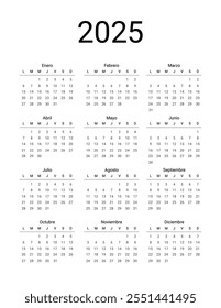 Spanish Calendar 2025. Spanish Calendar template. Week starts Monday. Yearly stationery organizer. Home, office planner. Minimalist, clean vector design. Spanish language. Editable 