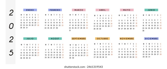 Spanish calendar 2025 year. Vector stationery horizontal calendar week starts Monday. Yearly organizer. Simple calendar template in minimalist design. Business illustration.