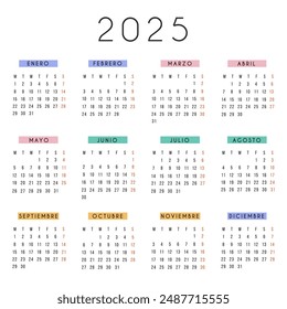 Spanish calendar 2025 year. Vector square stationery calendar week starts Monday. Yearly organizer. Simple calendar template in minimal design. Business illustration.