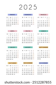 Ano civil espanhol 2025. A semana do calendário de papel de carta vetorial começa na segunda-feira. Organizador anual. Modelo de calendário moderno simples em design minimalista. Ilustração de negócios.