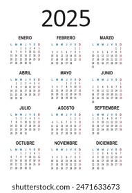 Spanish calendar 2025 year. Week starts on Monday. Vector illustration