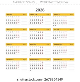 Calendário espanhol. Coleção de ilustrações vetoriais para cada mês no ano de 2026 com notas. Para a Espanha