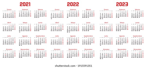 Spanish Calendar With Holidays In Red, Years 2021 2022 2023