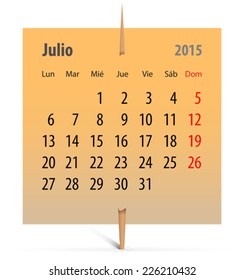 Spanish calendar for July 2015 on an orange sticker attached with toothpick. Vector illustration