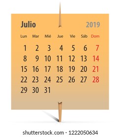 Spanish calendar for July 2019 on an orange sticker attached with toothpick. Vector illustration