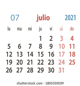 Spanish calendar, July 2021, week starts on Monday, simple calendar template for 2021, printable calendar templates, vector illustration.Yearly planner  in minimal design. 