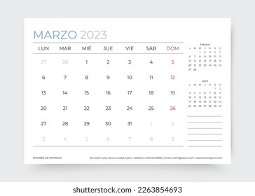 Spanish calendar for March 2023 year. Planner calender template. Week starts Sunday. Desk corporate diary. Monthly organizer. Table schedule grid. Timetable layout. Vector illustration. Paper size A5