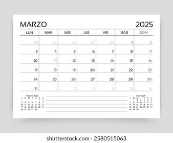 Spanish calendar for March 2025 year. Planner calender template. Monthly organizer. Table schedule grid. Week starts Monday. Desk corporate diary. Timetable layout. Vector illustration. Paper size A5