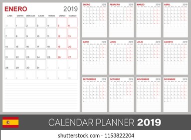 Spanish calendar planner 2019, week starts on Monday, set of 12 months January - December, calendar template size A4, simple design on white background, set desk calendar template, vector illustration