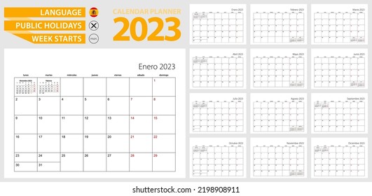 spanischer Kalender-Planer für 2023. Spanisch, die Woche beginnt am Montag. Vektorvorlage.