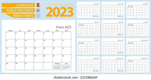 Spanish calendar planner for 2023. Spanish language, week starts from Sunday. Vector template.