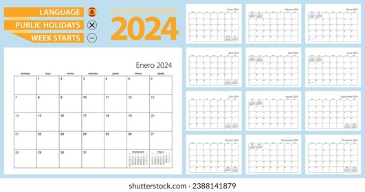 Calendario español para 2024. Español, la semana comienza a partir del domingo. Plantilla de vectores.