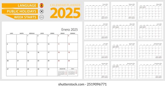 Spanish calendar planner for 2025. Spanish language, week starts from Monday. Vector template.