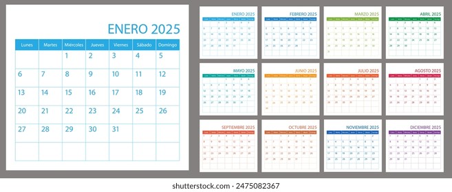 Spanish calendar planner 2025 year, schedule month calender, organizer template. Week starts on Monday. Business personal page for Spain. Modern simple vector illustration