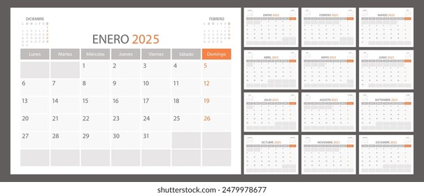 Spanish calendar planner 2025 year, schedule month calender, organizer template. Week starts on Monday. Business personal page. Modern simple vector illustration