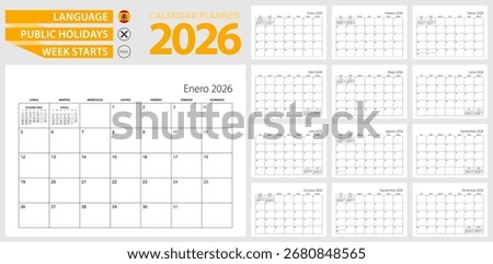 Spanish calendar planner for 2026. Spanish language, week starts from Monday. Vector template.