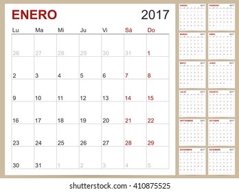 Spanish calendar, Spanish planning calendar template 2017, set of 12 months January - December, week starts on Monday, vector illustration.