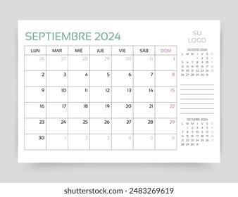 Spanish calendar for September 2024 year. Planner calender template. Week starts Monday. Desk monthly organizer. Table schedule grid. Corporate timetable layout. Vector illustration. Paper size A5