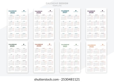Spanish calendar set collection 2025, 2026, 2027, 2028, 2029, 2030 years creative template