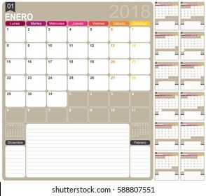 Spanish calendar template for year 2018, set of 12 months, week starts on Monday, printable calendar templates