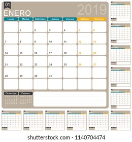 Spanish calendar template for year 2019, set of 12 months, week starts on Monday, printable calendar templates, vector illustration