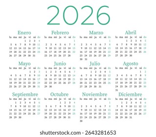 Spanish calendar template for the year 2026. Week starts on Monday.