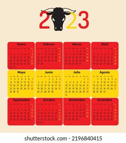 Spanish calendar for whole 2023 with bull head and national flag colors of Spain. Vector illustration 