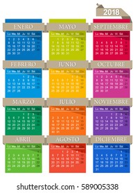 Spanish calendar for year 2018, week starts on Monday, colorful calendar on white background
