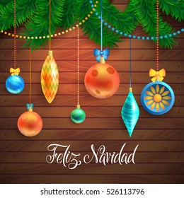 Spanish Calligraphy. Decorated Merry Christmas Tree Branch. Happy New Year decoration frame on Wood. Vector Illustration. Christmas fir tree with decoration on dark wooden board