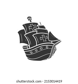 Spanish Caravel Icon Silhouette Illustration. Sea Ship Vector Graphic Pictogram Symbol Clip Art. Doodle Sketch Black Sign.