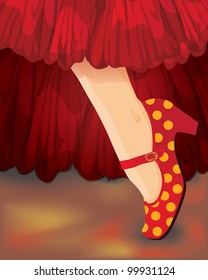 Spanish card. female foot in flamenco shoes. vector illustration