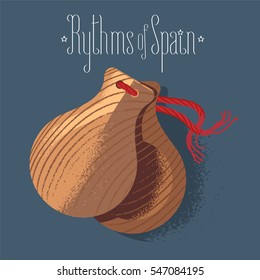 Spanish castanets vector illustration, design element. Visit Spain concept image. Flamenco dance musical instrument