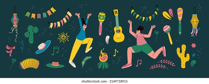 Spanish celebration of the night of Saint Juan. Isolated vector illustration for cartoon designs. Latin American parties, music festivals, local holidays.