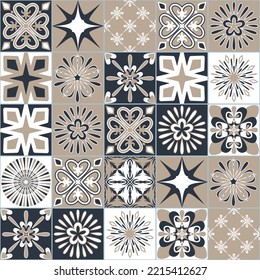 Spanish ceramic tiles dark gray beige color, decorative wall decoration in bathroom and kitchen, vector illustration