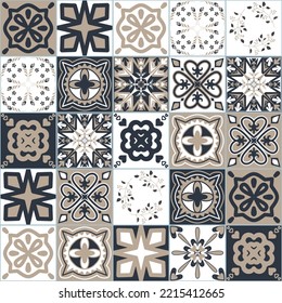 Spanish ceramic tiles dark gray beige color, decorative wall decoration in kitchen, vector illustration