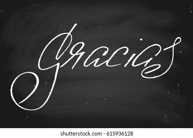 Spanish chalk chalkboard blackboard thank you writing gracias. Thank you in Spanish. Handwritten text, chalk on a blackboard, vector. 